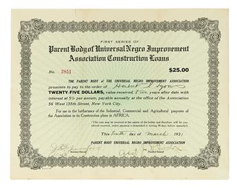 GARVEY, MARCUS. 5 stock certificates for shares in several of Marcus Garveys businesses.